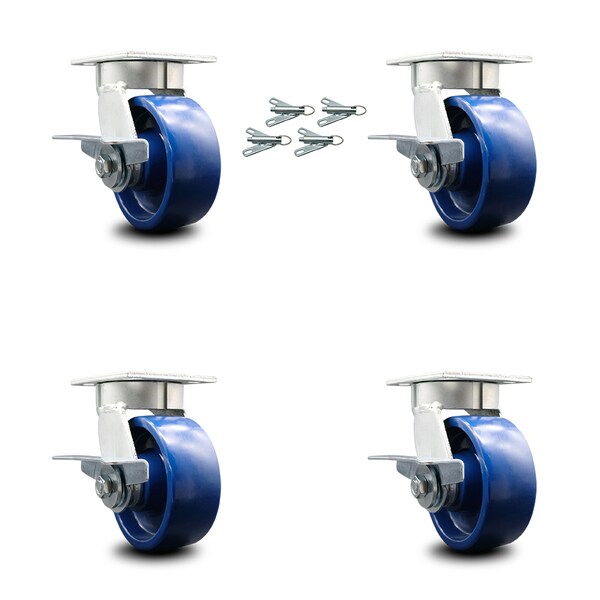 5 Inch Kingpinless Solid Poly Wheel Swivel Caster Set with Brake and Swivel Lock